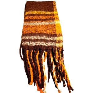 SVNX Orange & Brown Plaid Fringed Polyester Scarf